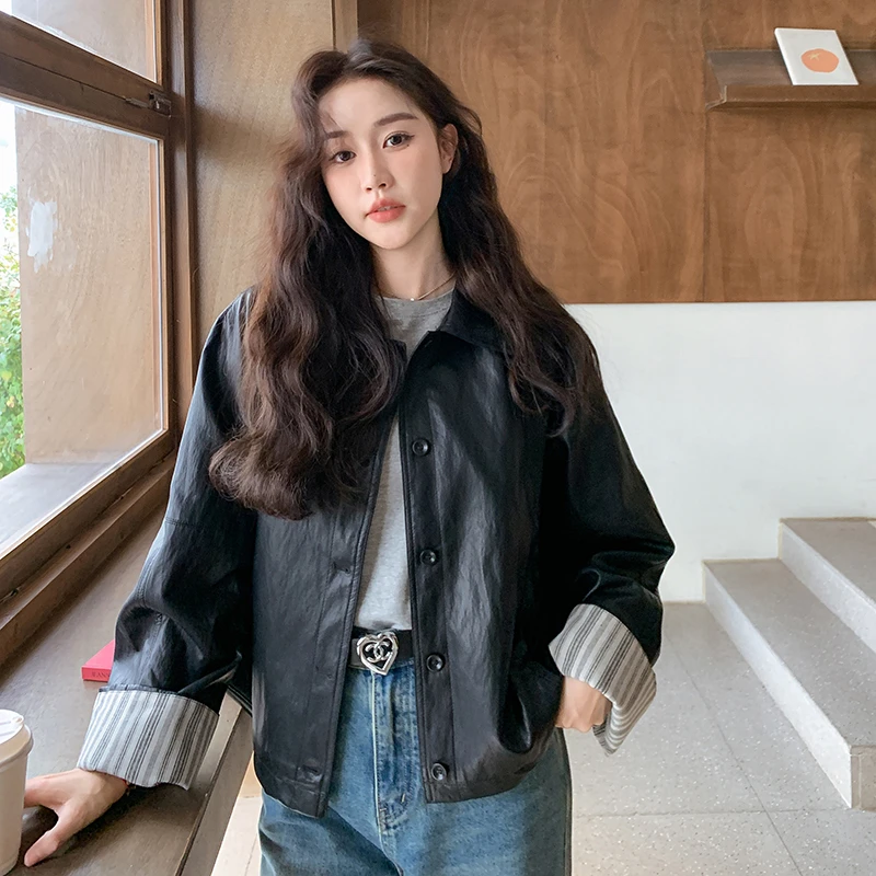 条纹撞色袖口短款皮衣外套女春秋2025新款小个子PU夹克百搭超好看