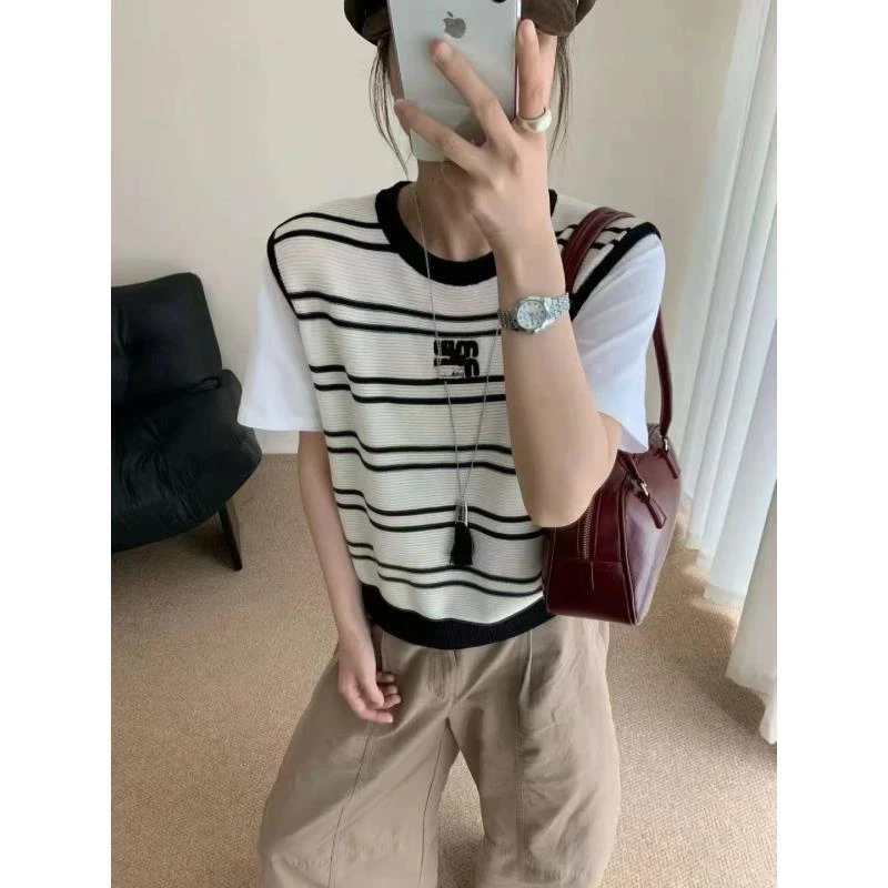 新款条纹圆领短袖针织衫假两件宽松毛针织衫黑白时尚休闲百搭显瘦