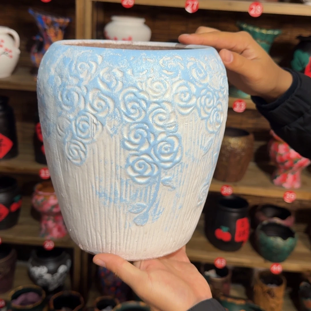 红陶浮雕花盆炸炸炸