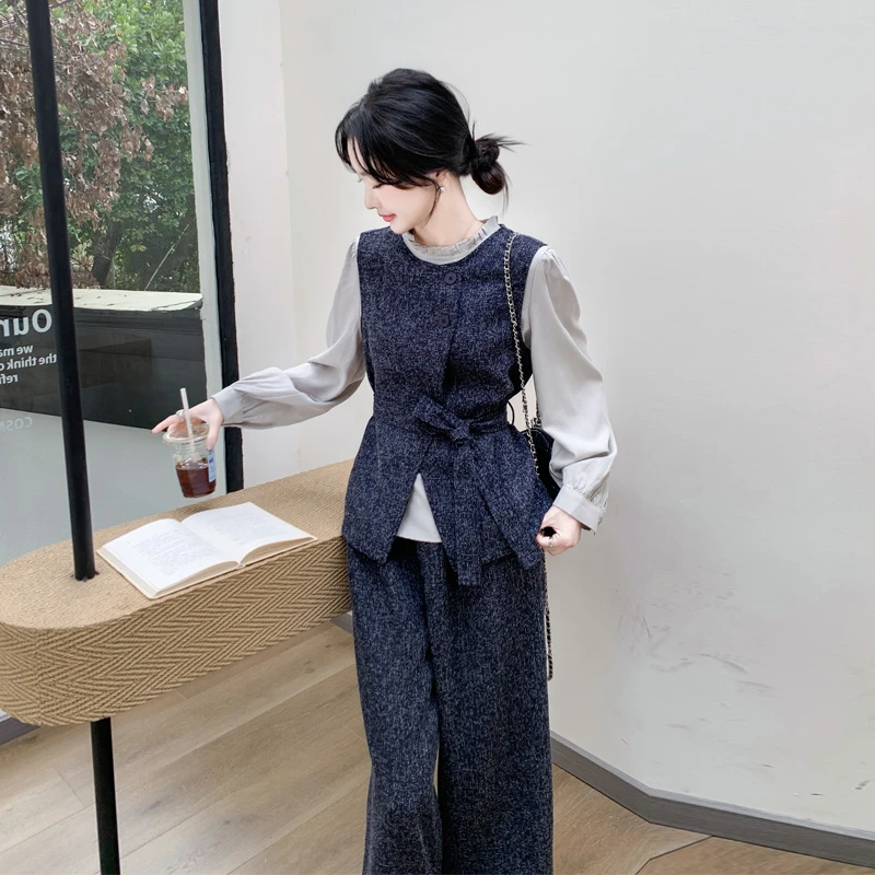 高级感套装裤女2025春秋新款氛围感韩系慵懒马甲衬衫阔腿裤三件套