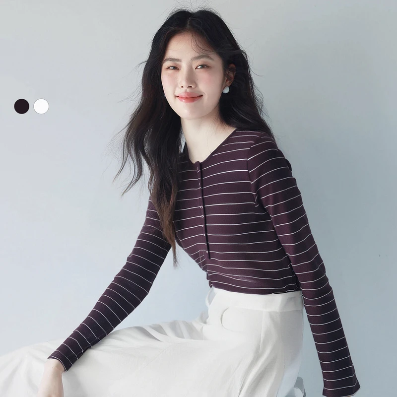 伊芙丽美式亨利领亚麻条纹正肩长袖内搭T恤女春舒适T恤1G2901621