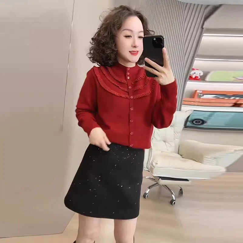 时尚木耳边红色针织衫女2025春秋新款洋气百搭显瘦气质打底衫上衣