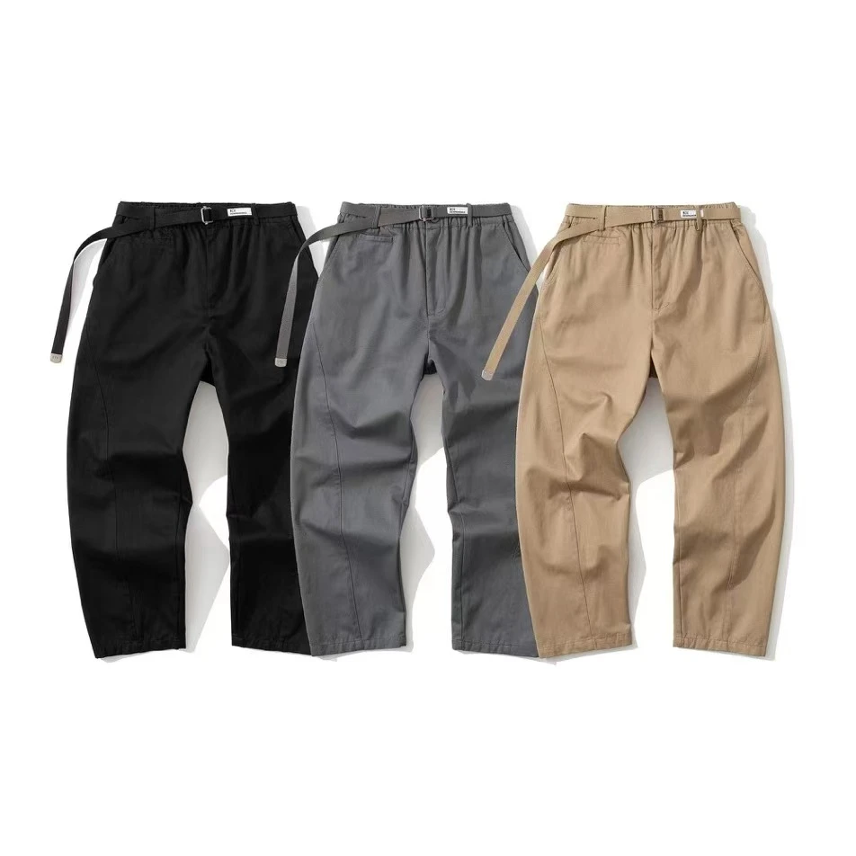 B703春秋潮牌日系简约高街直筒百搭松紧腰系带工装长裤