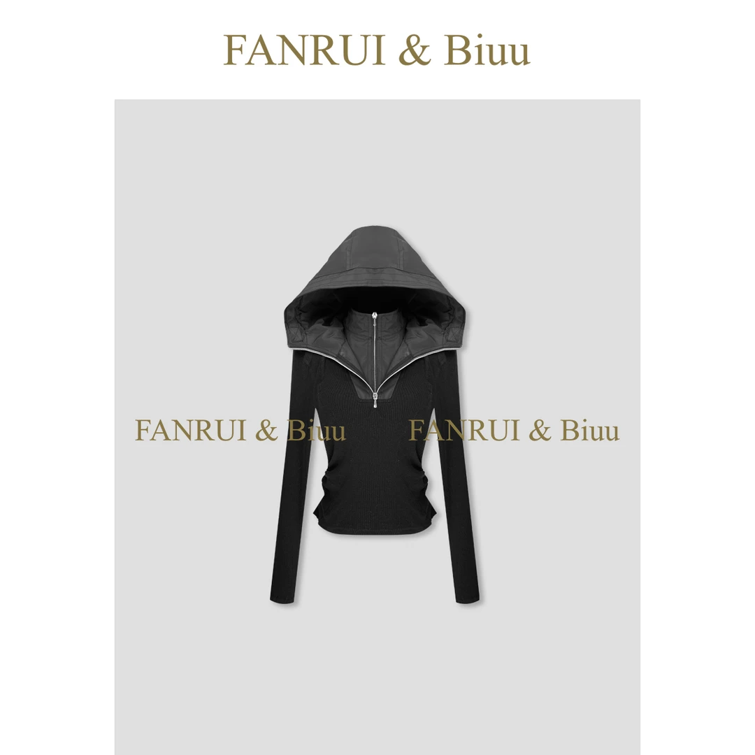 FANRUI/泛芮「贝贝biuu」抽绳连帽时髦小众拉链设计感卫衣B17843