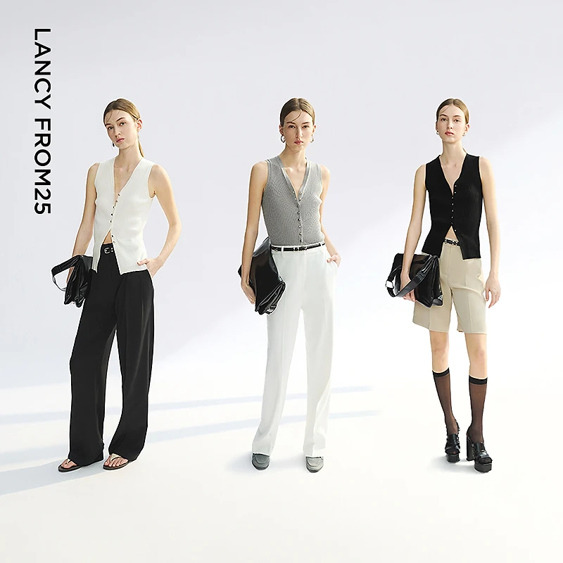 朗姿无袖薄款v领针织背心黑色白色2025年夏季新款设计感通勤上衣