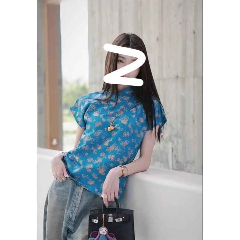 【时岛】新中式国风蓝色印花恤女夏季新款高端复古盘扣改良唐装衬
