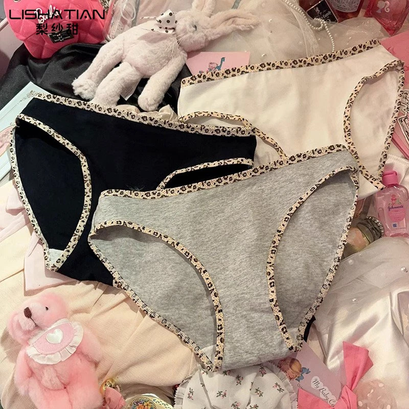 梨纱甜性感豹纹边秋冬内裤女纯棉纯欲风女生简约低腰提臀三角裤
