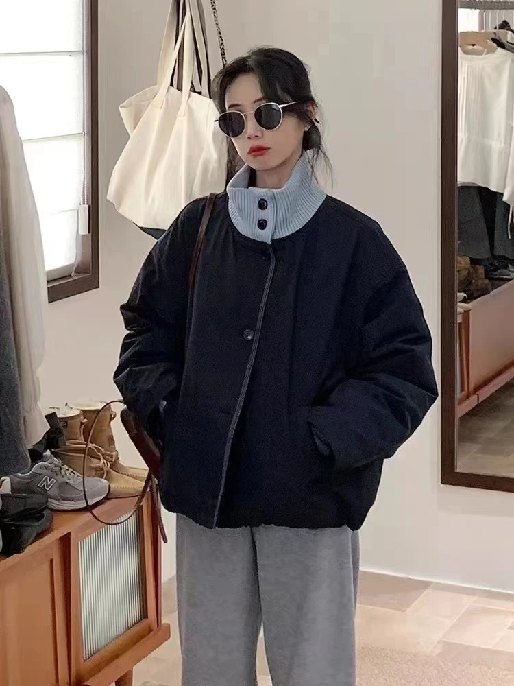 新款韩系蓝色拼接撞色针织领羽绒服外套领口两颗扣保暖羽绒服