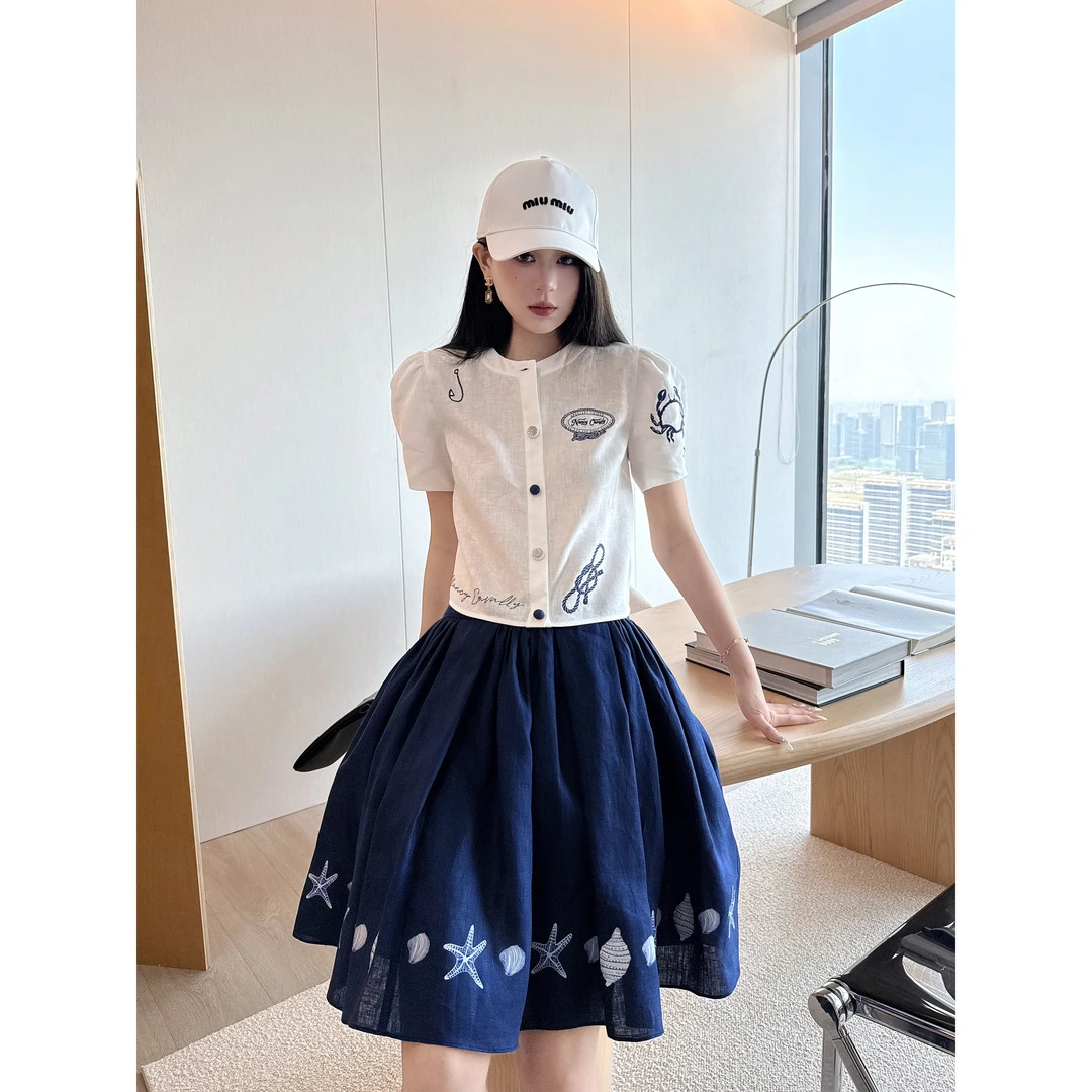 NancyCavally专柜款法国进口荃亚麻 度假海岛风刺绣开衫/半裙套装