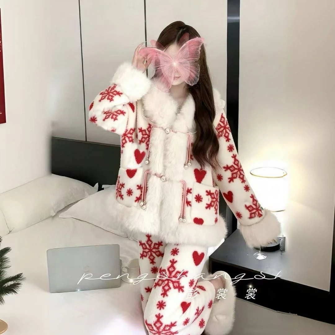 彭裳裳【红絮映雪】冬装上新女士潮流保暖绒加厚睡衣舒适百搭居家服