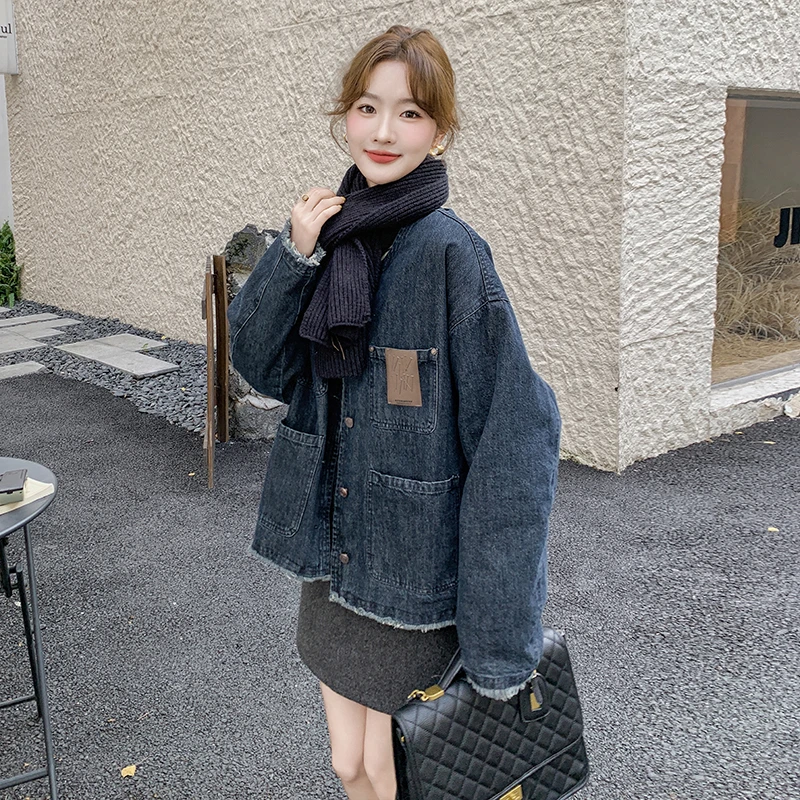 韩系复古牛仔棉服冬季女2025新款小个子宽松夹棉加厚短款棉衣外套