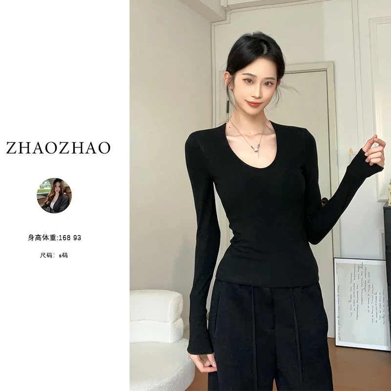 【ZHAOZHAO】领打底设计感基础内搭长袖T恤修身显瘦上衣秋冬新款女