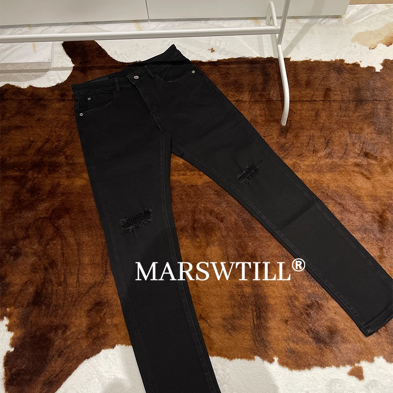 【MARSWTILL】膝盖一字破洞丨中腰丨修身丨直筒丨黑色牛仔裤男款
