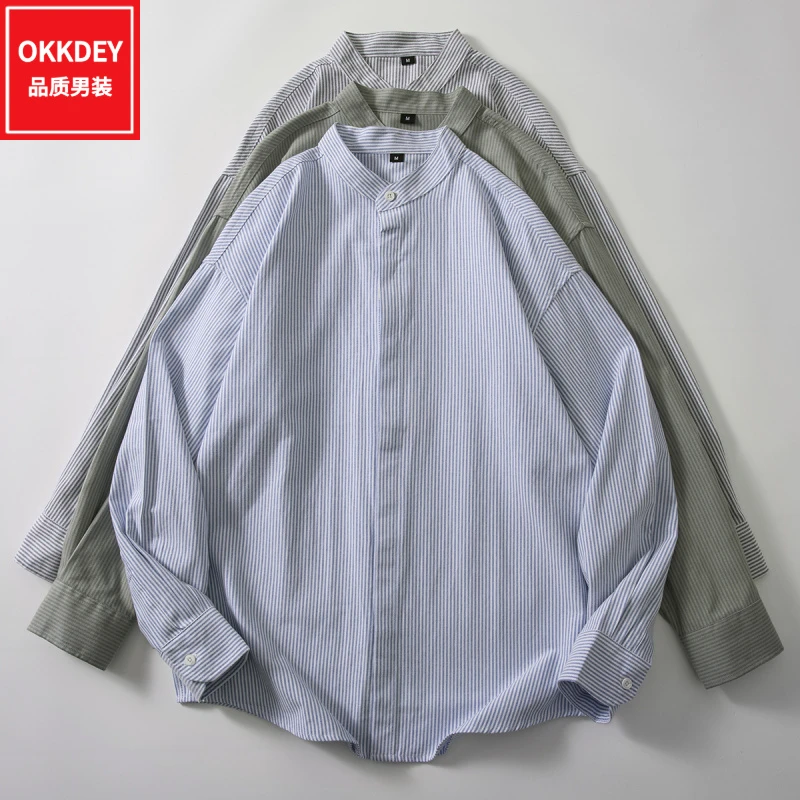男士高级感条纹立领衬衫新款慵懒风男装长袖衬衣简约轻奢开衫外套