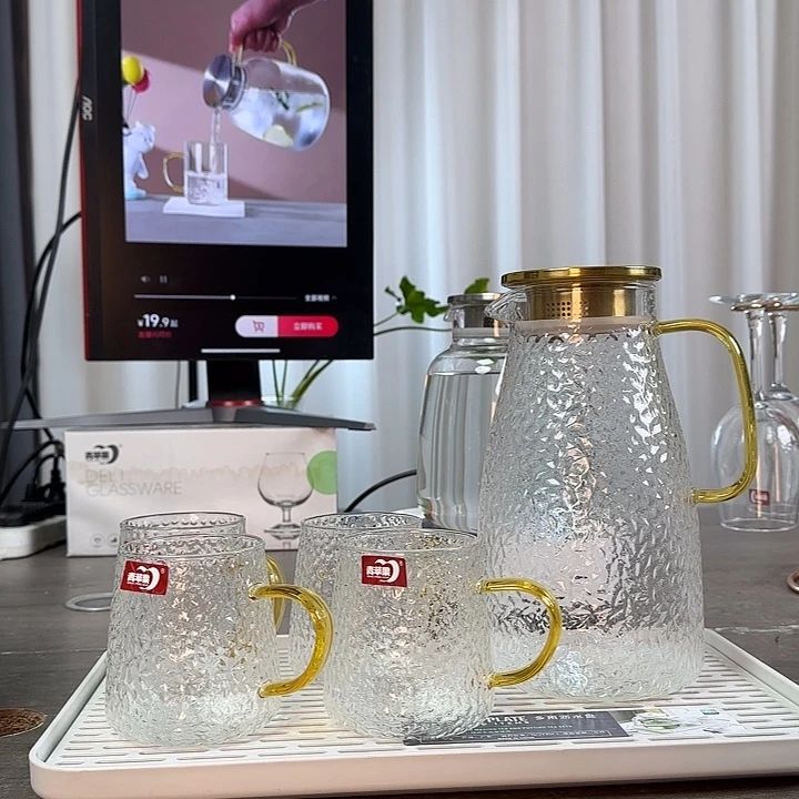 水晶玻璃盖子款2000毫升冰晶壶➕4只杯子➕大号沥水盘