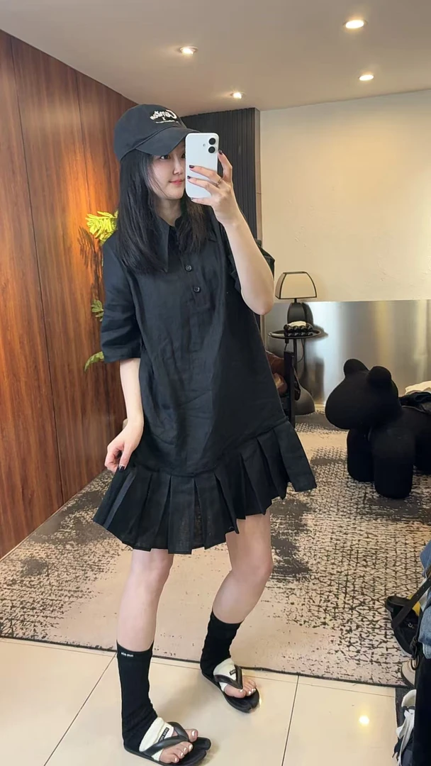 大媛家25夏【原创百褶】小众洋气款衬衫领后背钉扣100亚麻连衣裙