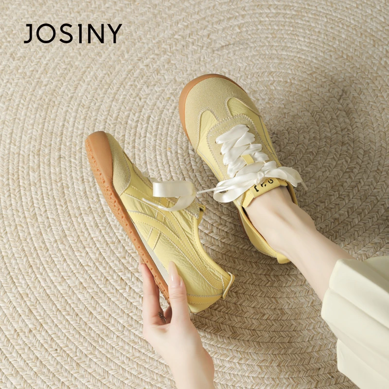 卓诗尼黄色复古德训鞋女2025春季新款百搭软底圆头系带休闲板鞋