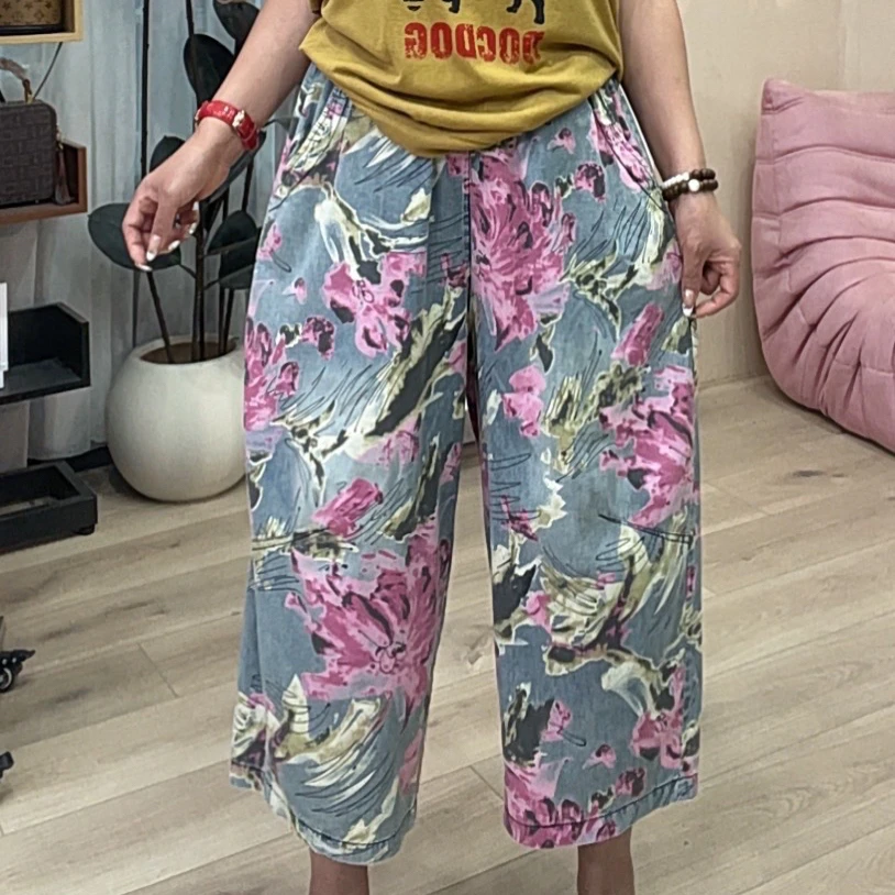 691粉色大花牛仔七分裤女