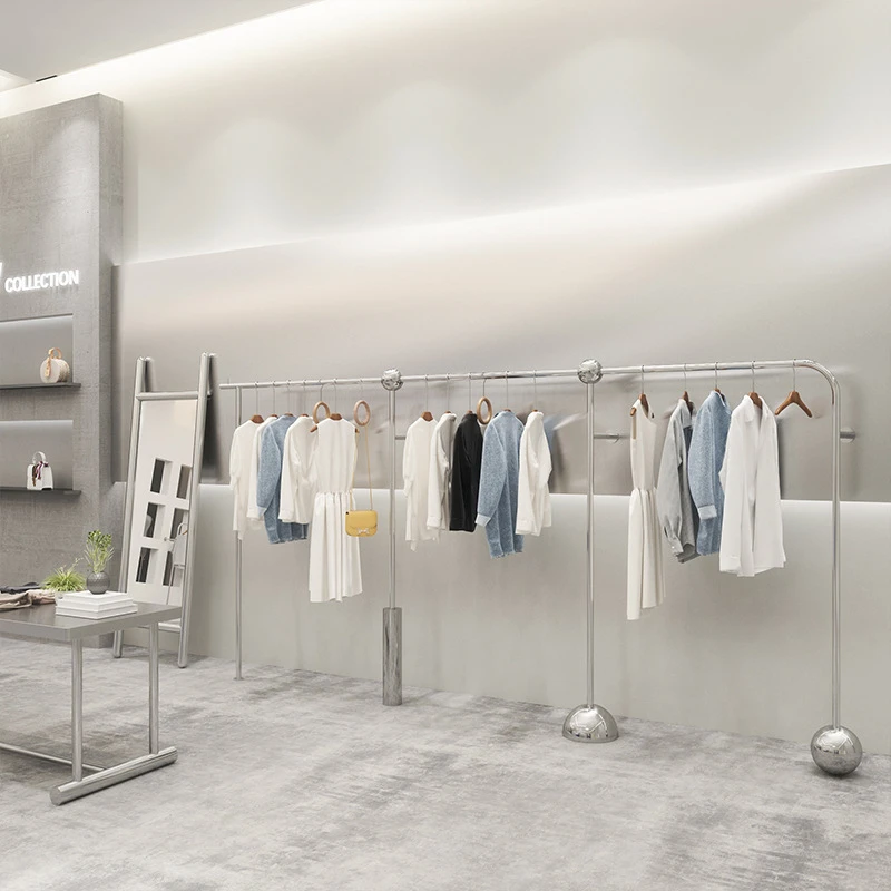 不锈钢服装店展示架陈列道具男女装童装店货架银色上墙挂衣杆架子