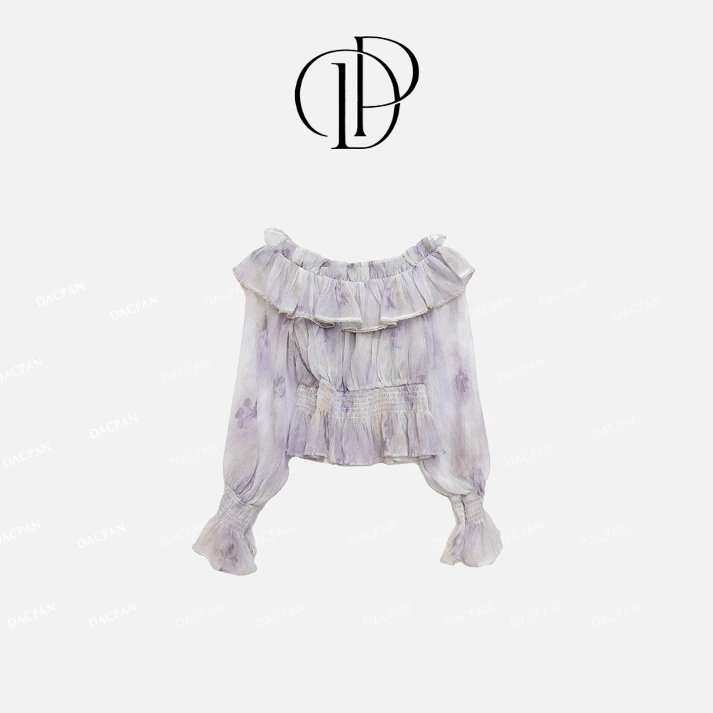 DACPAN-“幻境油画”晕染荷叶边一字肩上衣  2025/盼·PP 2313