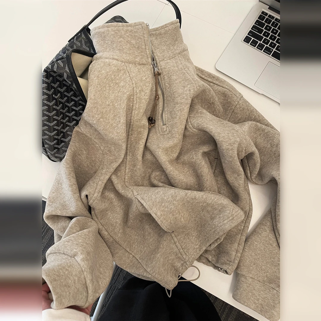 灰色半拉链立领卫衣外套女秋冬季2026新款爆款宽松慵懒小个子上衣