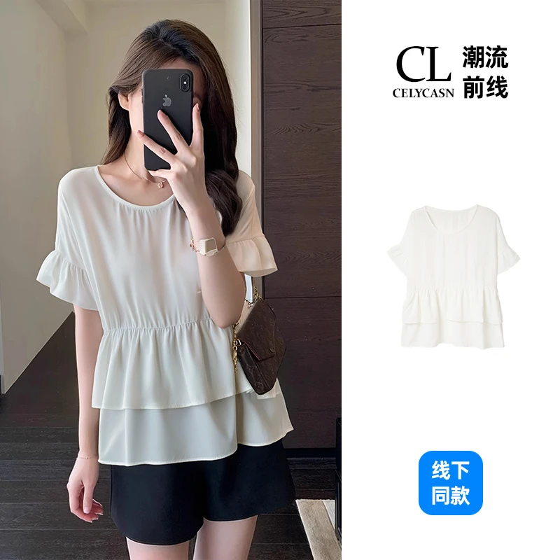 M7LI3D94#夏季新款短袖宽松显瘦荷叶下摆女士雪纺上衣