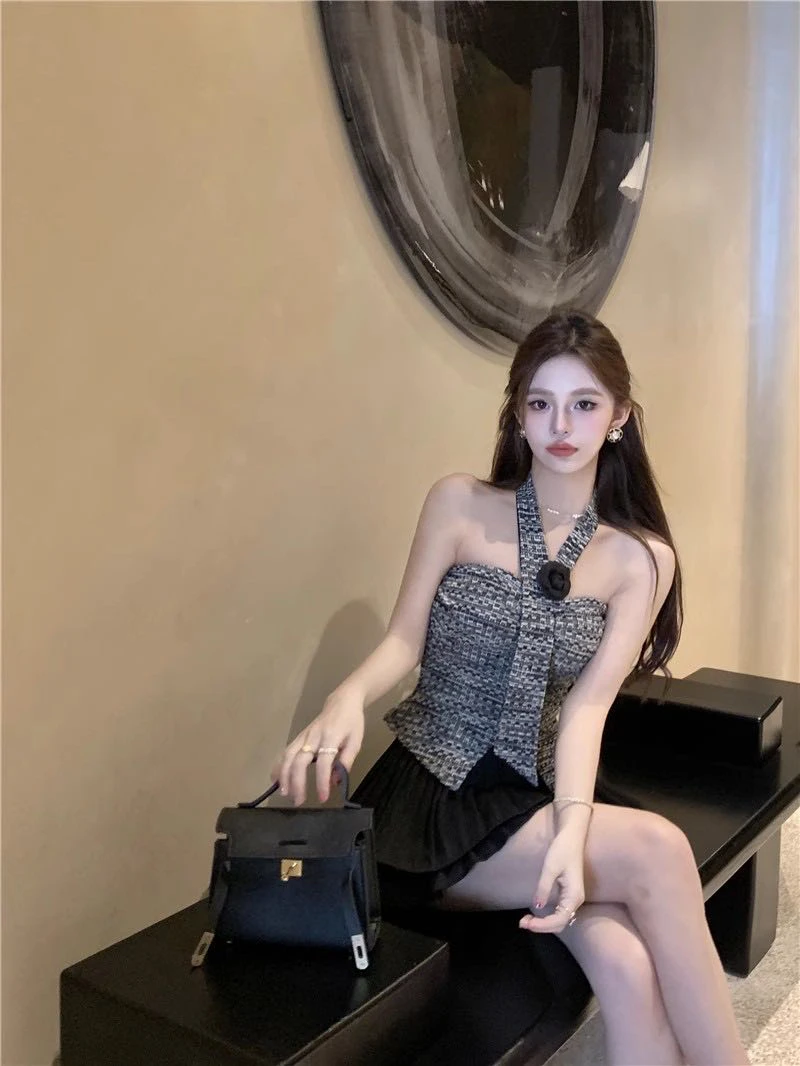 小香风粉色立体花朵挂脖吊带背心女夏季无袖短款露背气质上衣外穿