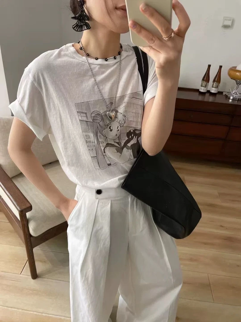 程程甄选  东大门美少女韩系小众简约麻棉印花T恤8485