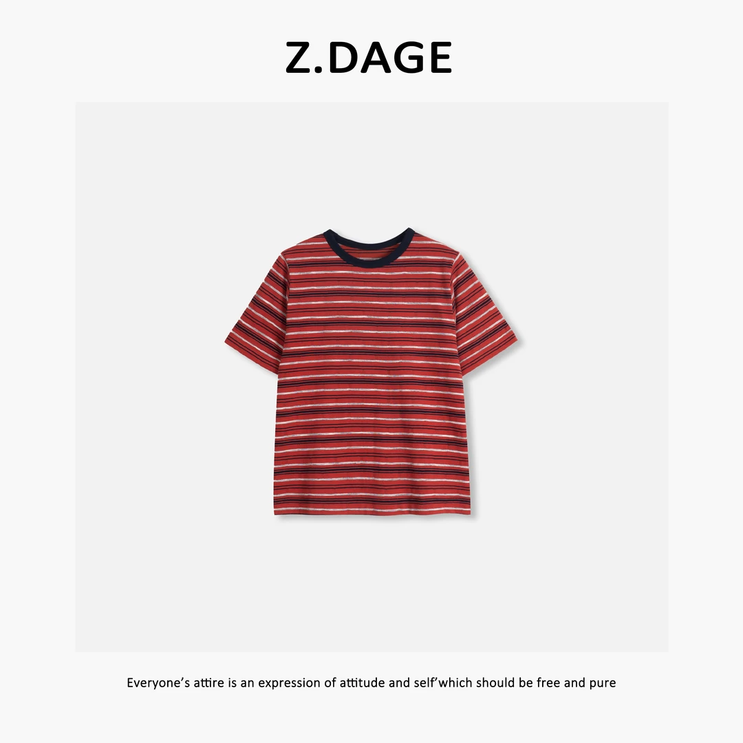 Z.DAGE-‘条纹宣章’26年极简款美式复古穿搭感撞色休闲T恤-34066