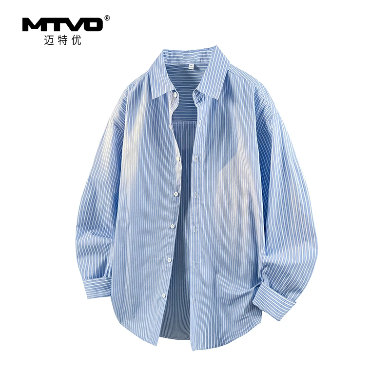 迈特优日系蓝色条纹长袖衬衫男春季衬衣宽松潮牌痞帅休闲外套