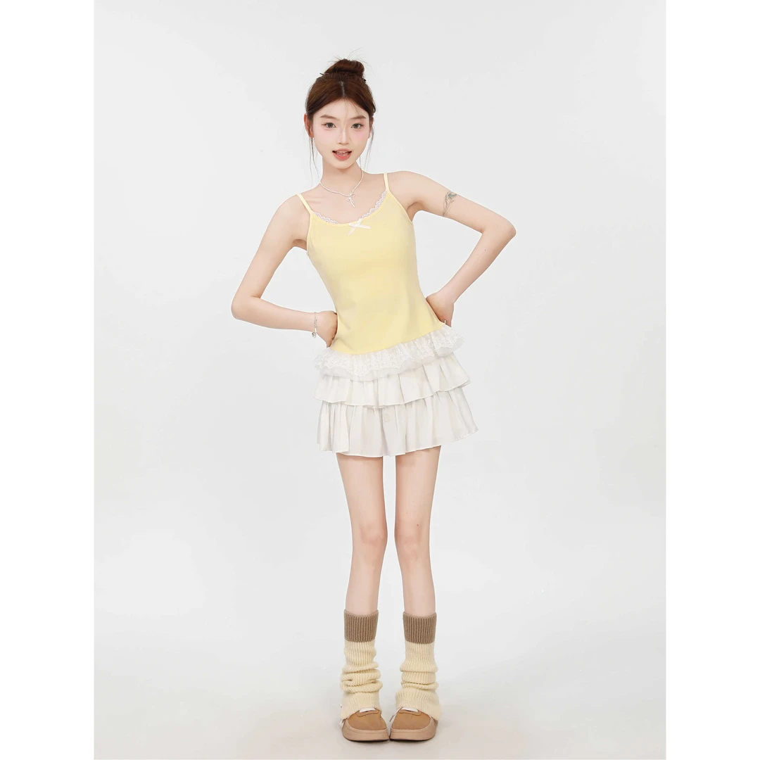 嫩黄色蕾丝花边吊带背心女夏季2025辣妹风修身显瘦蝴蝶结设计上衣