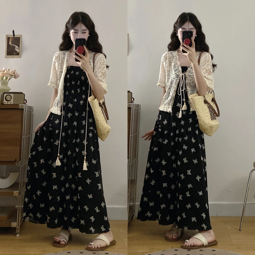 大码夏季高级度假风吊带裙显瘦连衣裙开衫短袖遮肉两件套装连衣裙