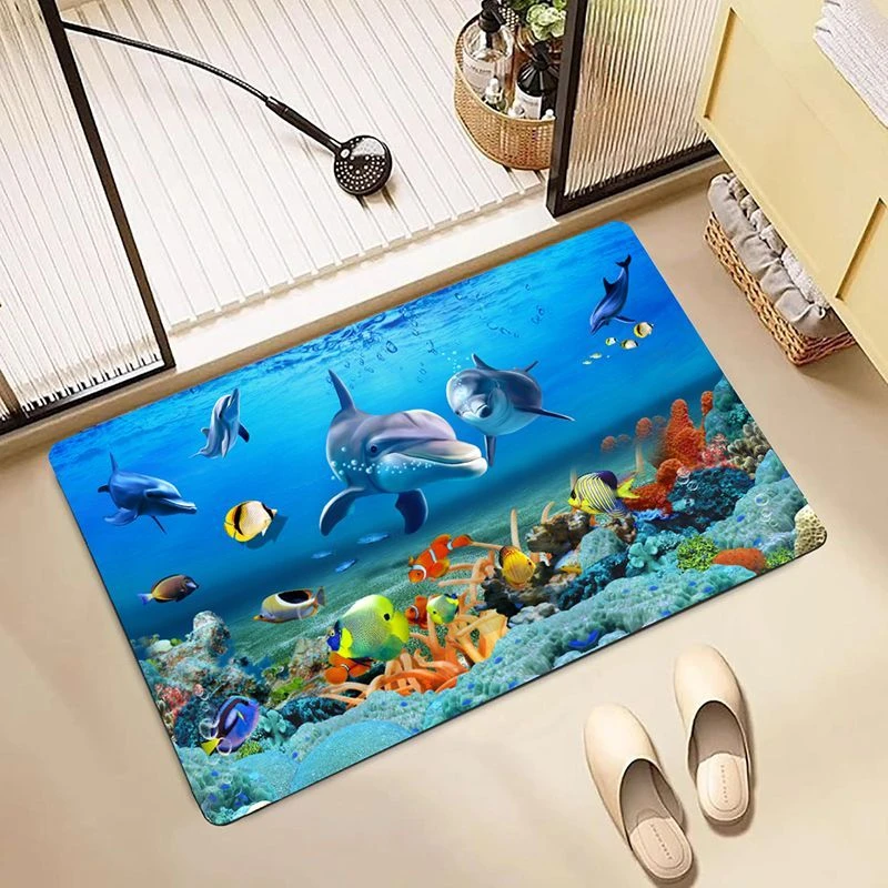 新款3D海洋硅藻泥浴室地垫厨房垫防滑速干玄关门厅进门换鞋薄脚垫