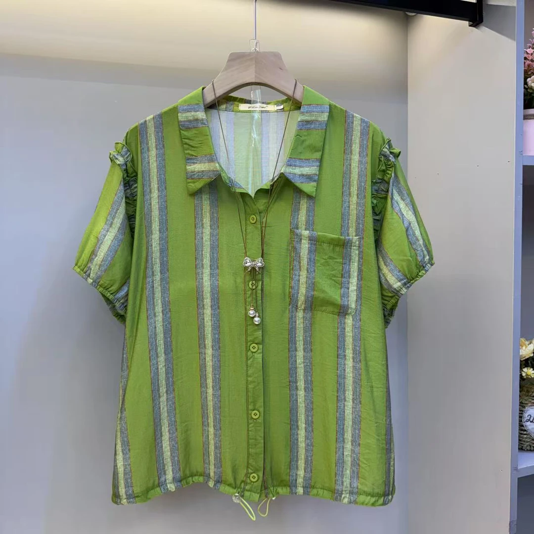 2025大码女装新款木耳边减龄洋气下摆抽绳条纹衬衫