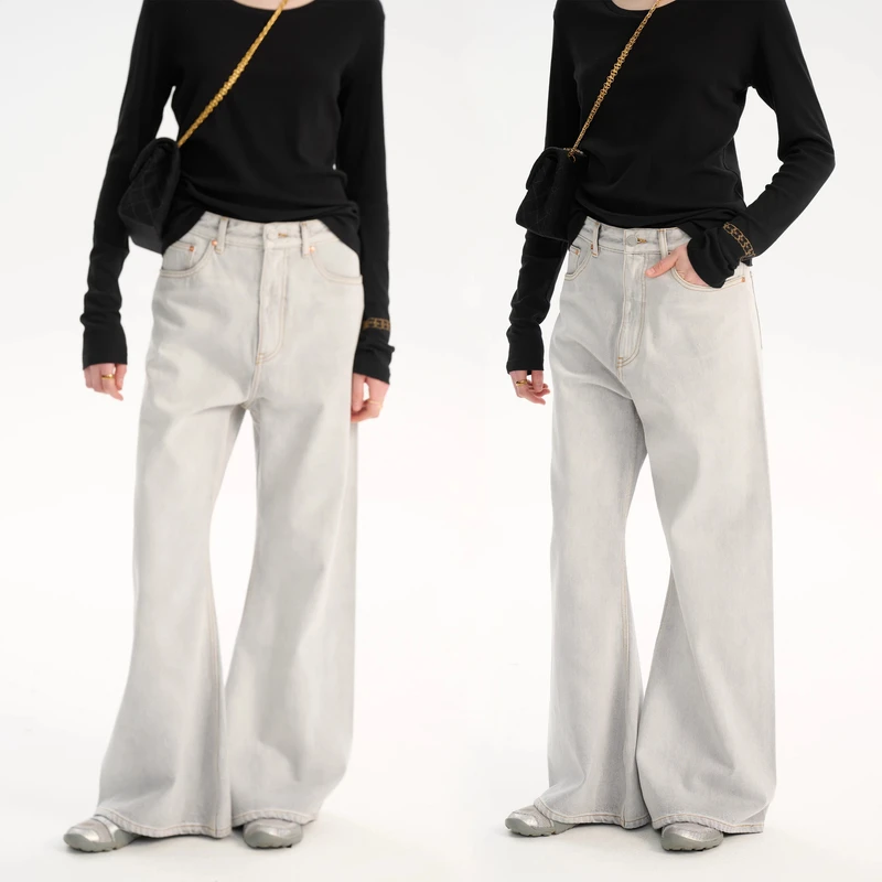 YIMAIMAI 复古做旧水洗男友风百搭喇叭牛仔裤