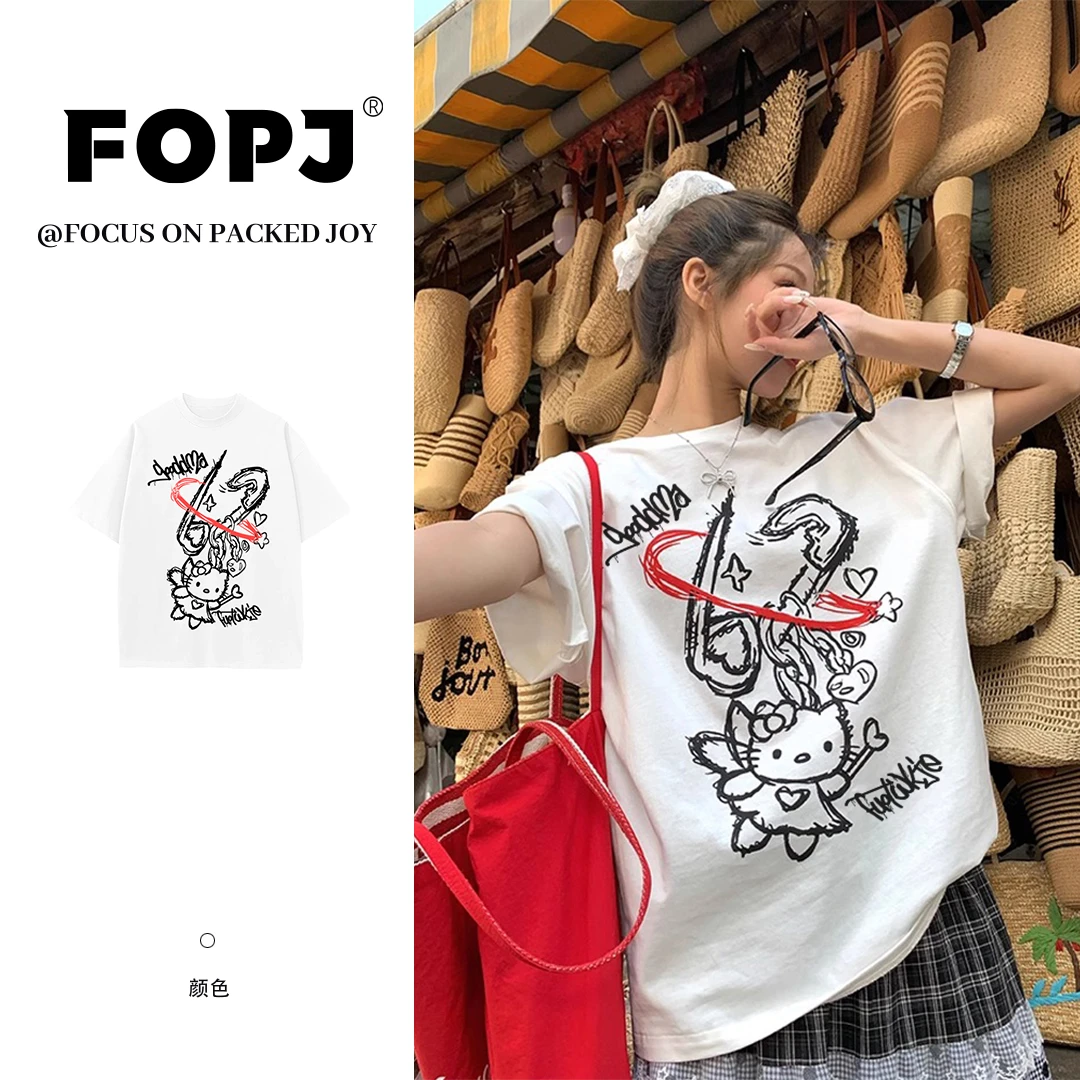 FOPJ美式潮牌kitty字母印花夏季新款纯棉短袖t恤女慵懒风圆领上衣