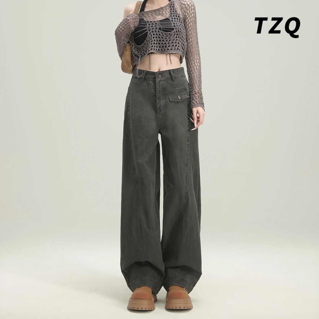 新款美式高腰显瘦复古工装牛仔裤女2025春季百搭裤子TZQ25010236