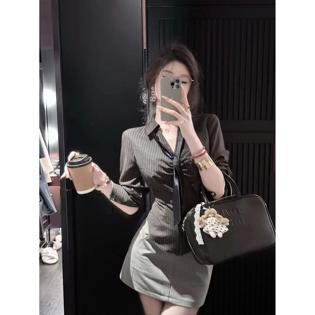 【雅乔定制】显瘦密码 收腰修身条纹衬衫半身裙两件套DYYY-24075467