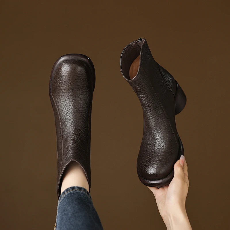 跟高5厘米/真皮复古短靴秋冬季加绒厚底马丁靴粗跟防水台女短筒靴