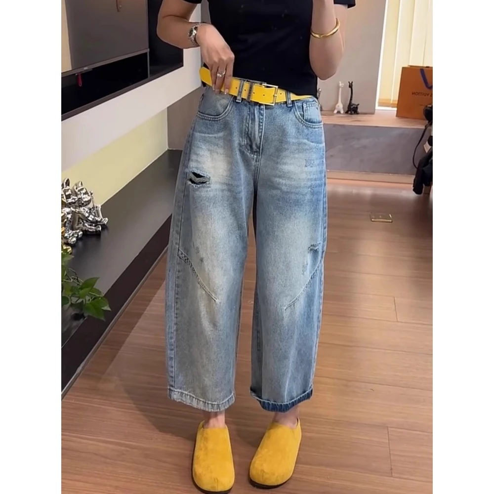 梨形身材夏季新款气质时尚破洞压褶韩版显瘦减龄休闲百搭牛仔裤女