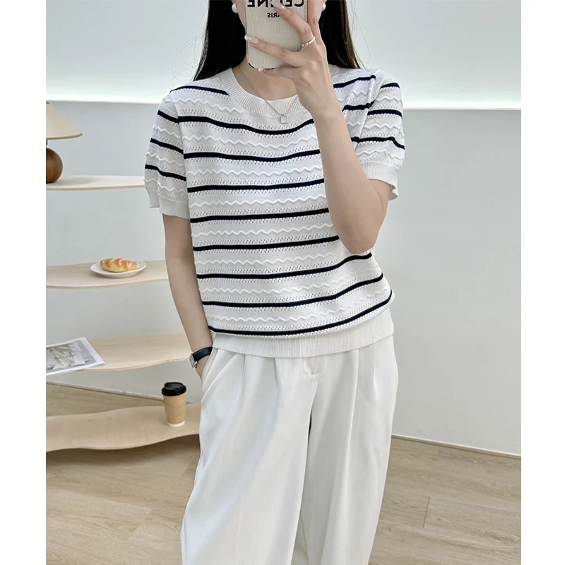 短袖条纹镂空针织衫女薄款夏季新款时尚洋气宽松打底衫休闲上衣