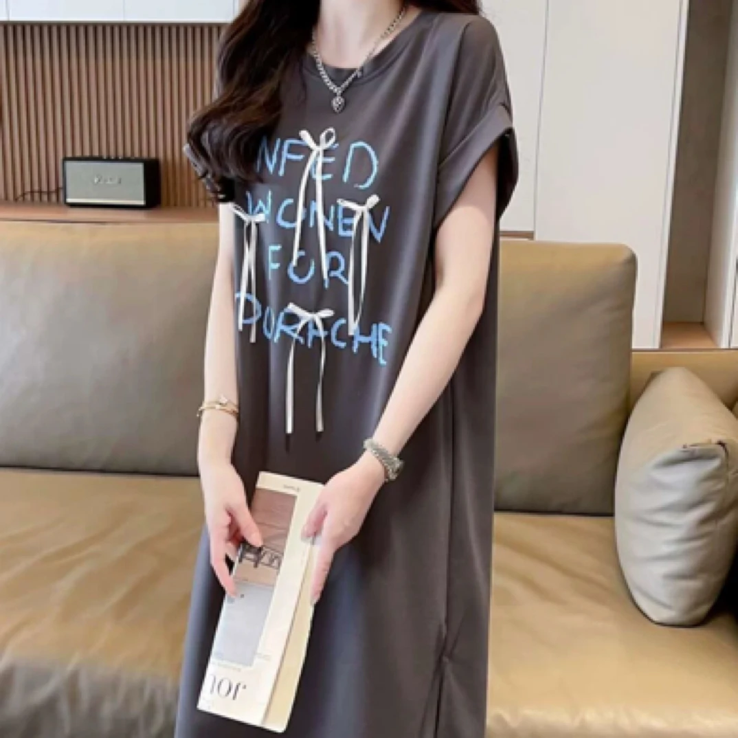 夏季宽松大码印花短袖T恤连衣裙圆领过膝休闲显瘦长裙