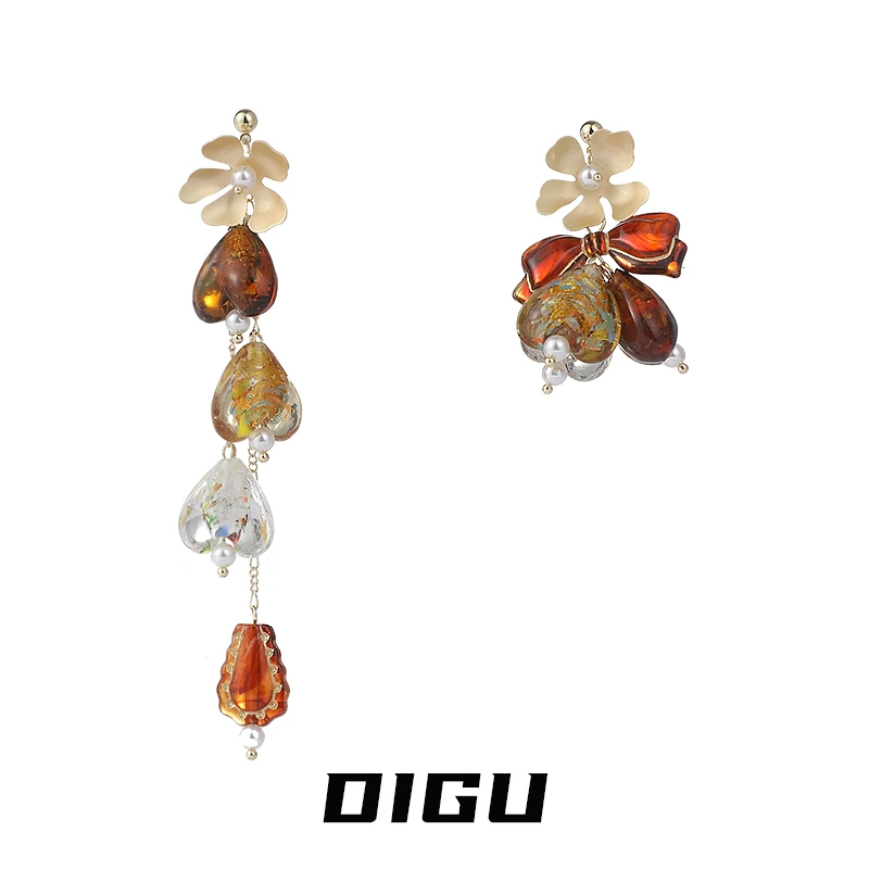 嘀咕家 铜合金亚克力耳饰 甜美不对称流苏耳环氛围感耳钉气质耳饰