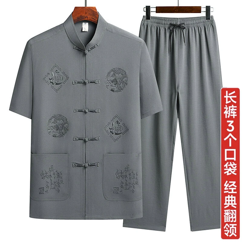 老人头唐装男中老年爸爸夏装套装夏季中国风短袖老年人衣服70岁