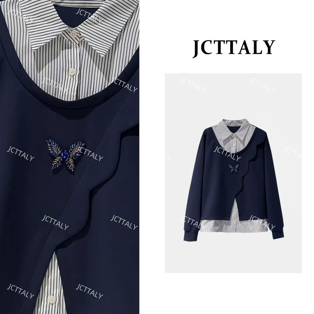 【嘉嘉】潮流烫钻蝴蝶结拼接袖设计假两件衬衫领秋冬卫衣JC-A4521
