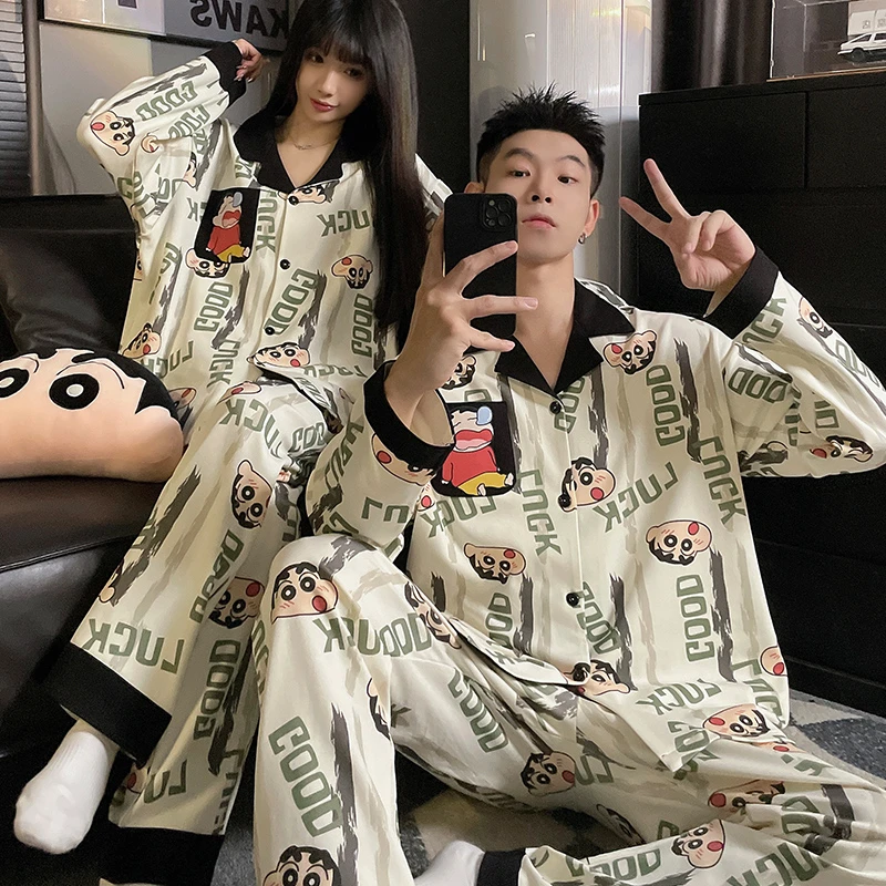 情侣睡衣女款长袖春秋季卡通蜡笔小新套装新款宽松薄款男款家居服