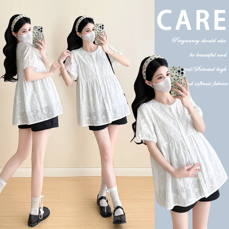 2025孕妇装夏装绣花开衫孕妇衬衫衬衣夏季薄款娃娃衫上衣T恤