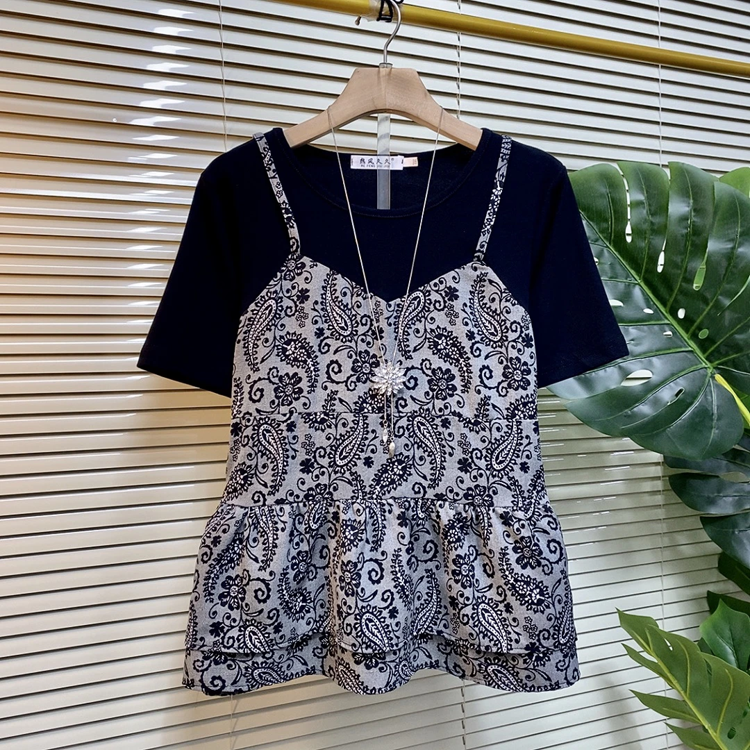 夏季新款大码女装时尚假两件拼接荷叶边上衣