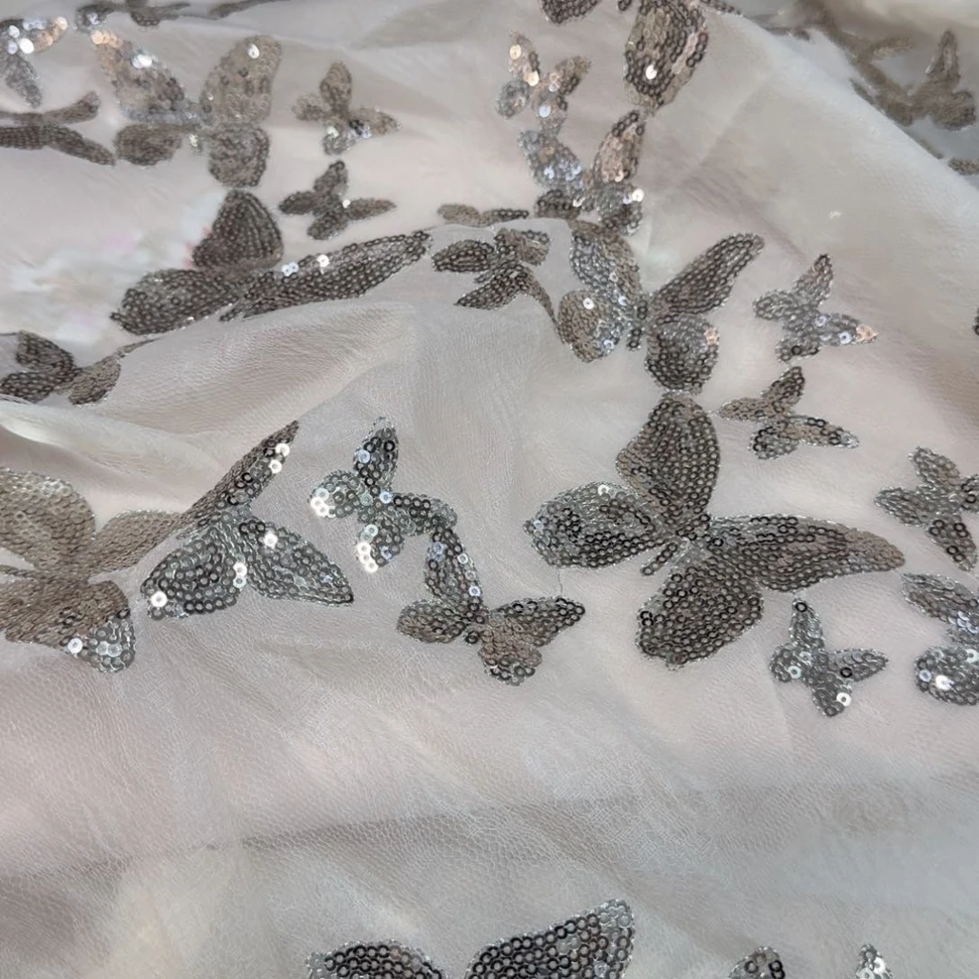 双层亮片蝴蝶刺绣布料