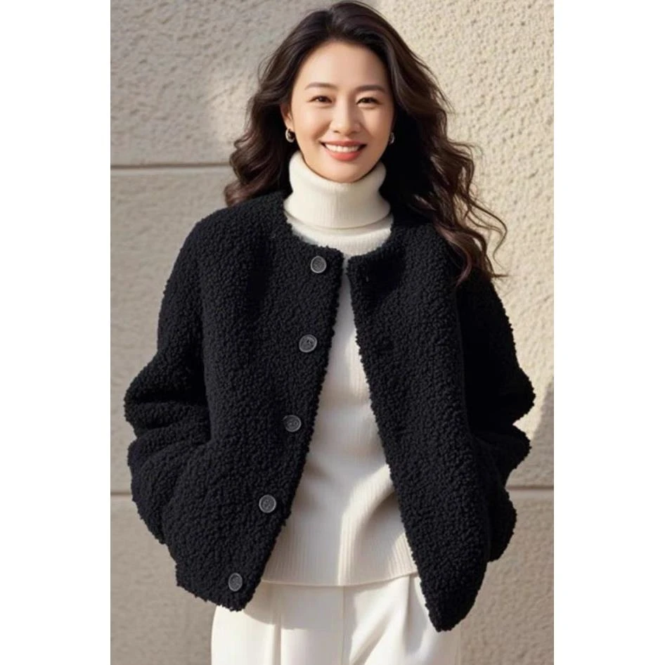 绒短款外套女春秋冬季新款时尚保暖休闲黑色颗粒绒毛呢上衣